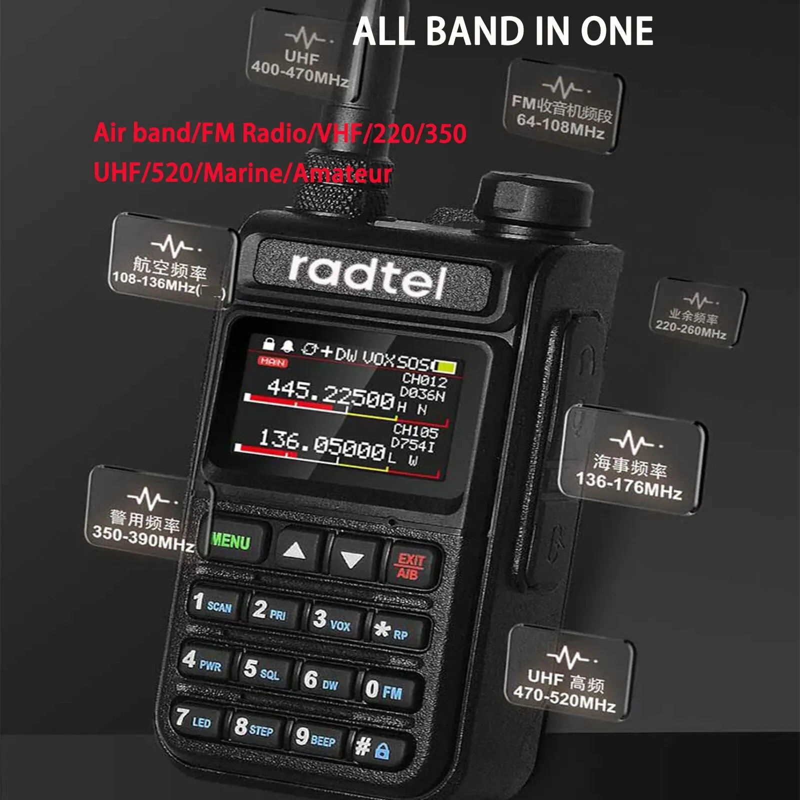 Radtel RT-890 Full Band Ham Radio Amateur 2 Way Radio 999CH Walkie Talkie AM Air Aviation Band Color Scanner Marine NOAA Scan