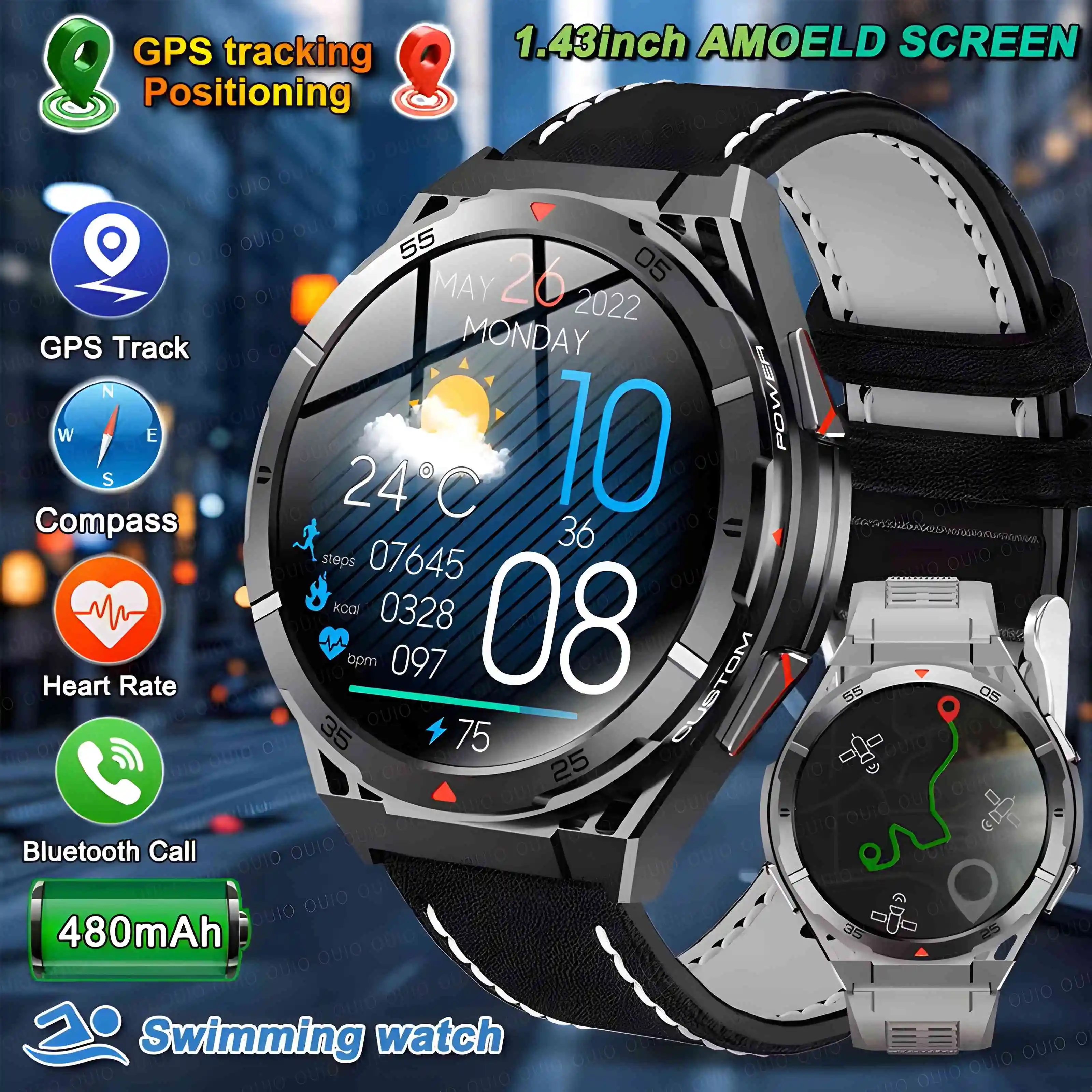 2025 New GPS Trackr Men Outdoor Military Smart Watch 10ATM Waterproof 500mAH Health Monitor SOS Bluetooth Call Sports SmartWatch