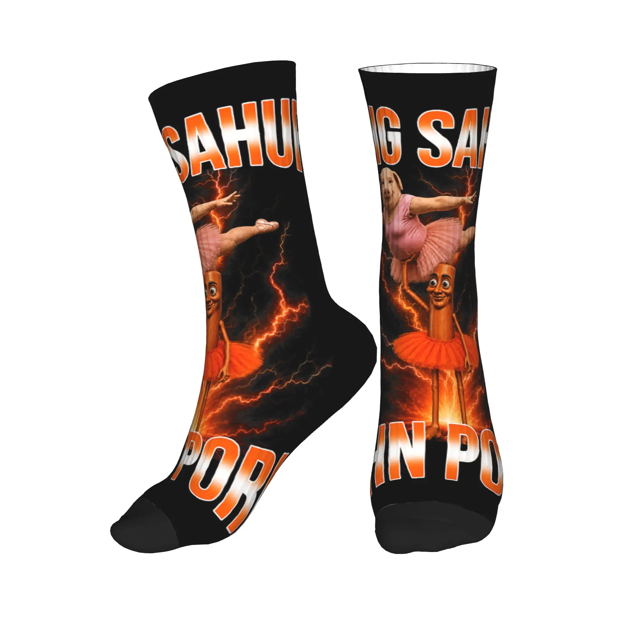 Women Men Socks Funny John Pork and Tung Tung Tung Sahur Dance Humor Meme Stockings Anti Socks Autumn Graphic Running Socks