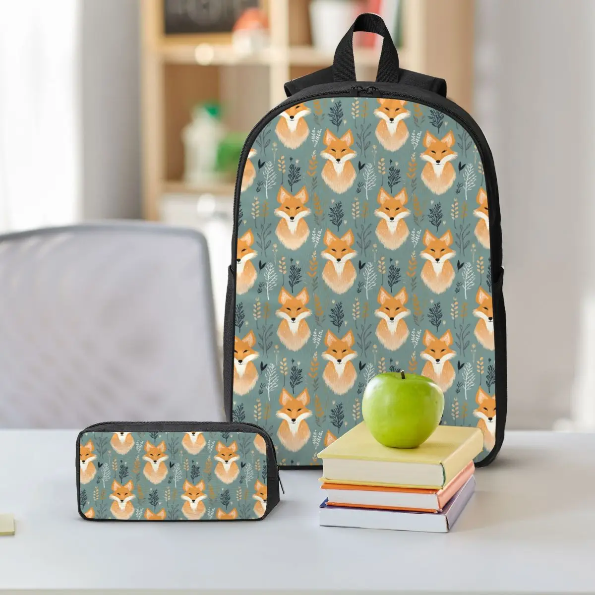 Foxy With Plant Pattern Backpack Student BookBag School Bag Shoulder Bags 3ps Insulated Lunch Bag Pencil Case