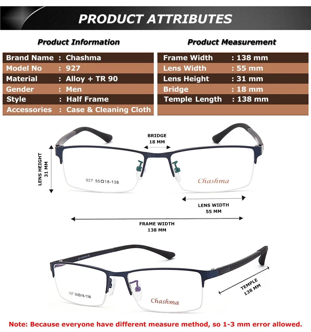 Chashma Men Optics Prescription Spectacles Fashion Simple Design Gentlemen Eyeglass Clear Lenses for Male