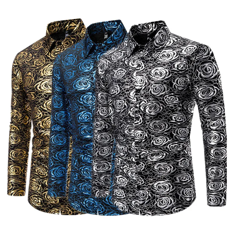 

New Men Fashion Trend Rose Print Shirt Small Stretch Loose Tops Homme Dance Party Bar KTV Luxury Casual Shirts