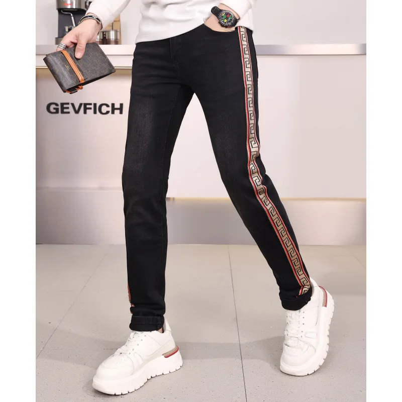 

Affordable luxury fashion stripe braid black jeans for men 2024 new autumn and winter slim fit tapered casual pants