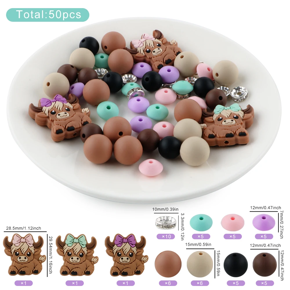 50Pcs Animal Round Silicone beads Focus Beads Set For Jewelry Making DIY KeyChain Pen Bracelet Necklace Accessories