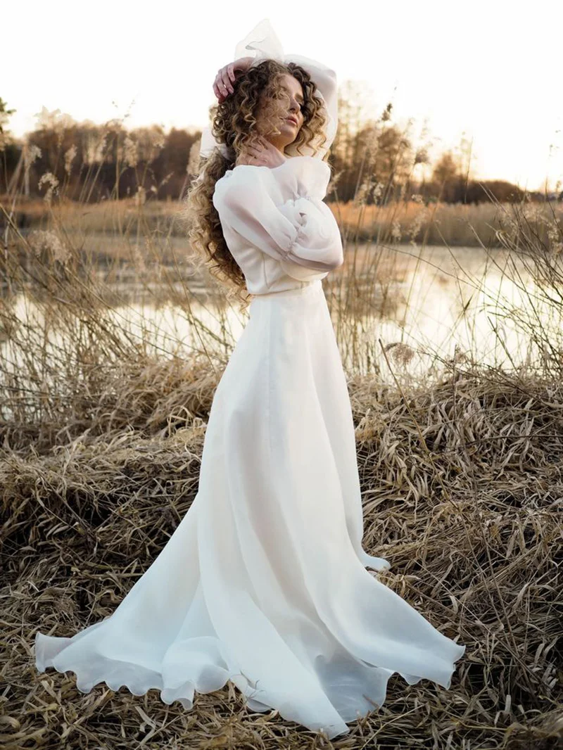 Lsyx-vestido de novia de Organza con cuello en V para mujer, traje de boda bohemio de línea A, manga larga abullonada, longitud hasta el suelo, Playa