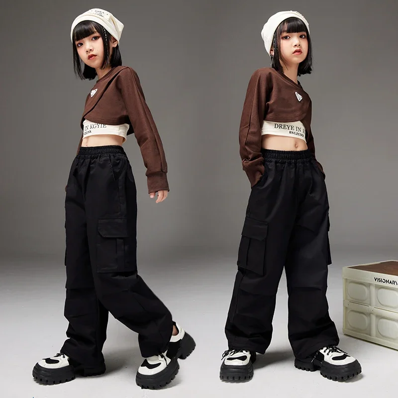Mädchen Streetwear Outfits Kinder Hip Hop Lila Crop Tops Cargo Hosen Kleidung Sets Kinder Nette Street Dance Jazz Bühne Kostüme