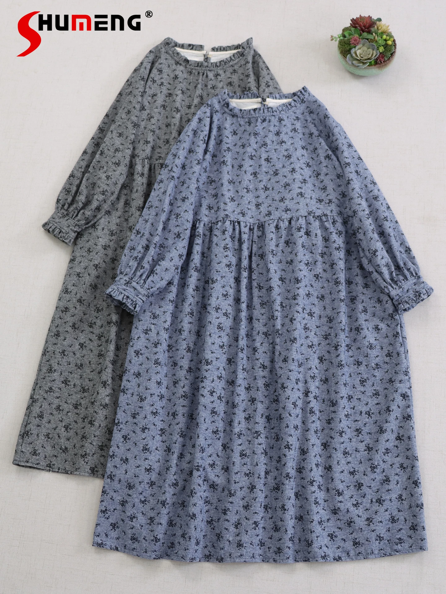 

2025 Autumn Sweet Mori Girl Style Floral Lantern Sleeve Vintage Dress Ruffles Collar Loose Versatile Elegant Long Dress Women