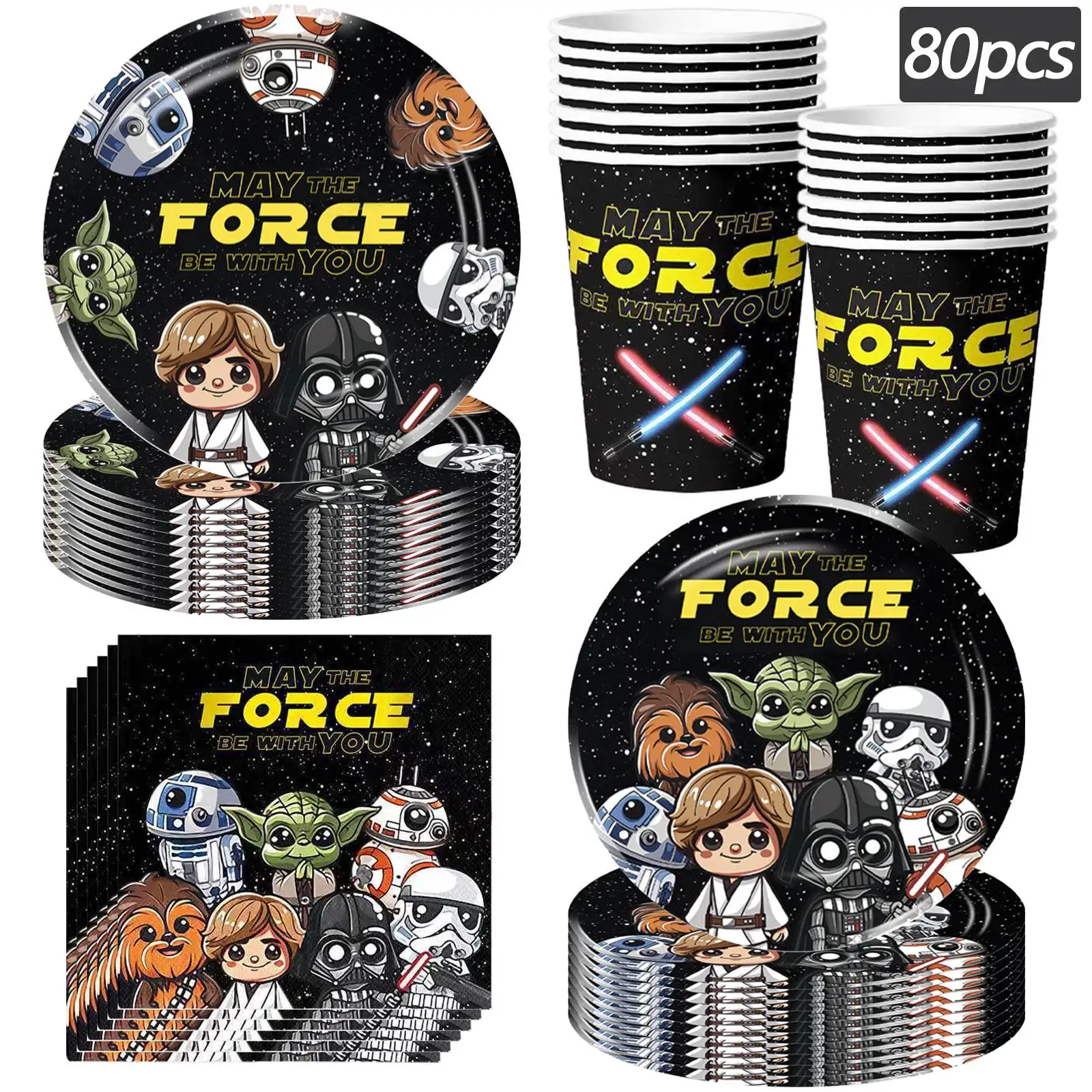 Fournitures de fête d'anniversaire Star Wars, 80 pièces, comprenant des assiettes en papier, des gobelets en papier, des serviettes pour la décoration de fête Star Wars