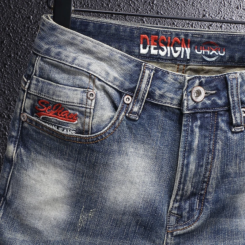 Fashion Vintage Men Jeans High Quality Retro Blue Plain Washed Elastic Slim Fit Ripped Jeans Men Embroidery Designer Denim Pants