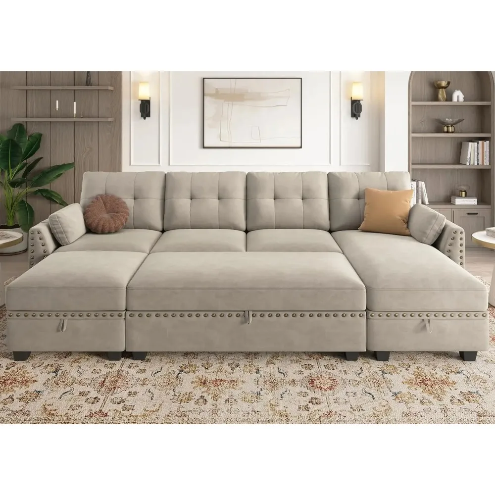 

Velvet Reversible Sectional Sleeper Sofa with Storage Ottoman Convertible Couch 4-Seater Sectional Sofa Bed for Living Room