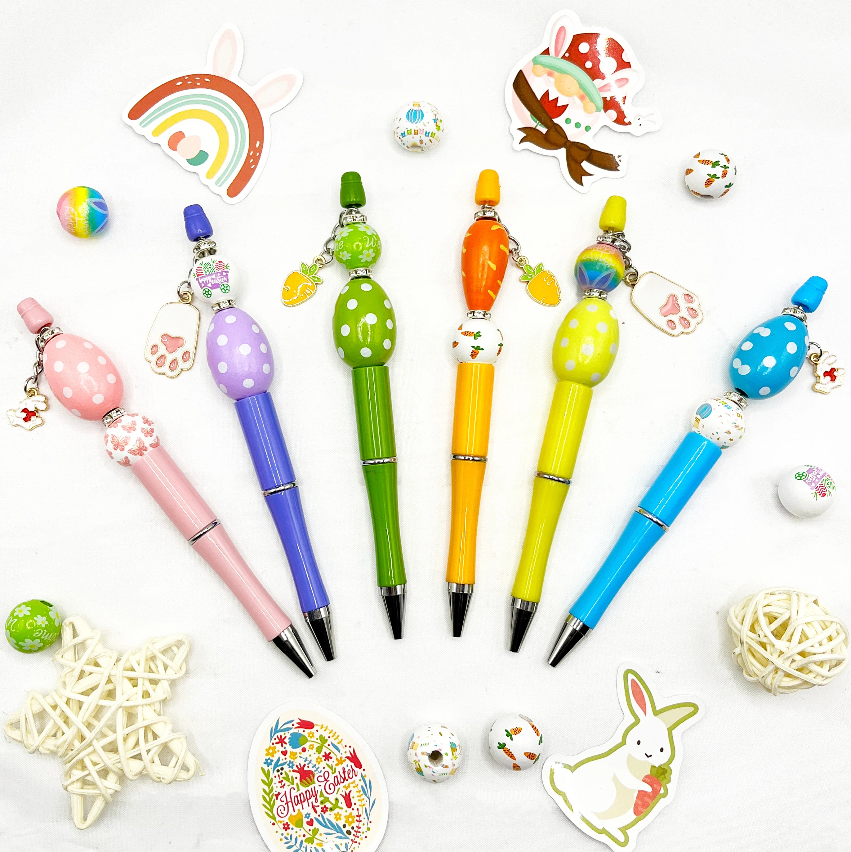 【Easter Egg】6PC Easter Egg Carrot Rabbit Theme DIY Bead Ballpoint Pen And Wooden Pendant Set, Office And Study Supply