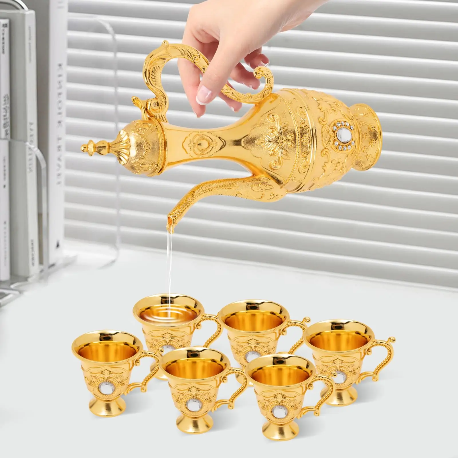 طقم إبريق قهوة تركي معدني عتيق، وعاء قهوة ذهبي مع أكواب شاي عتيقة، طقم شاي تركي مع 6 فناجين قهوة فاخرة وحرف يدوية #4