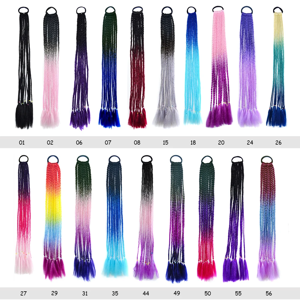 Synthetic Rainbow Color Braided Ponytail For Girls Hair Elastic Rubber Band 24inch Kids Box Pigtail Pony Tail Hair Extensions