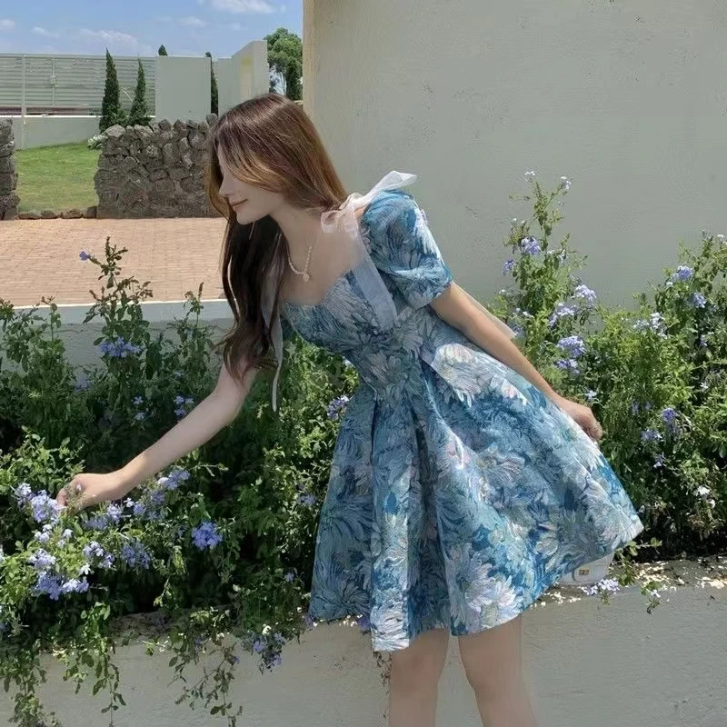 Monet Garden Luxury Court Oil Painting Dress Women's Tea Break Elegantly Waist-Cinched Tulle Skirt  Knot Princess Dress