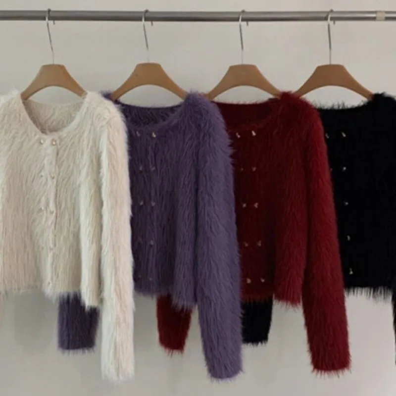 Double Breasted Button Knitted Cardigan Women Furry O-Neck Cardigan Female Long Sleeved Knitted Loose Cardigan Autumn Winter