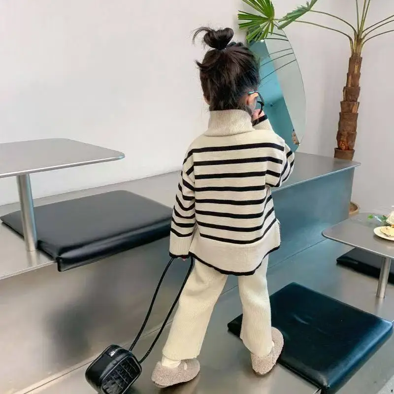 

Girls' Sweater Set Autumn And Winter Girls' Fashionable Knitwear Wide Leg Pants 2Pcs Set Thickened Sweater Kids Clothing Suit