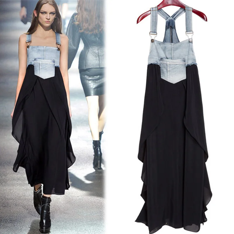 2023 Summer New Elegant Women's Dress Loose Denim Patchwork Chiffon Overalls Sexy Suspender Dress Spaghetti Strap Robe