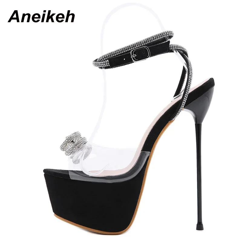 Aneikeh-Schuhe für Damen, 2026, süßer Schmetterlingsknoten, umrandeter Bling-Kristall, Patchwork-High-Heels-Sandalen, PVC, NEU, Sommer 34–40, Schwarz