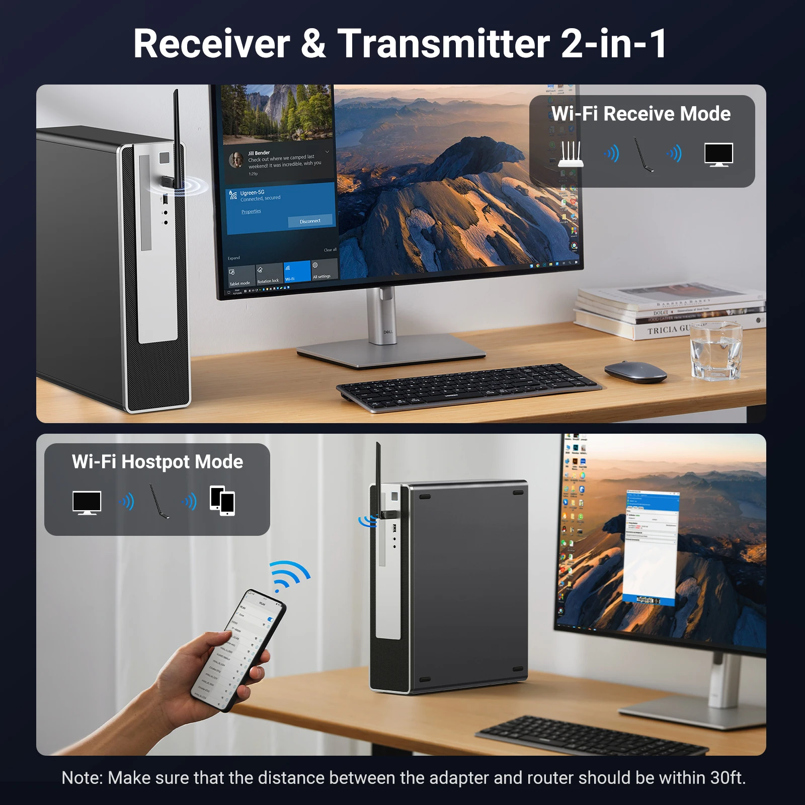 UGREEN WiFi Adapter AX900 6dBi Antenna 5G&2.4G Dual Band WiFi6 Dongle for Desktop PC Windows USB Ethernet Wireless Network Card