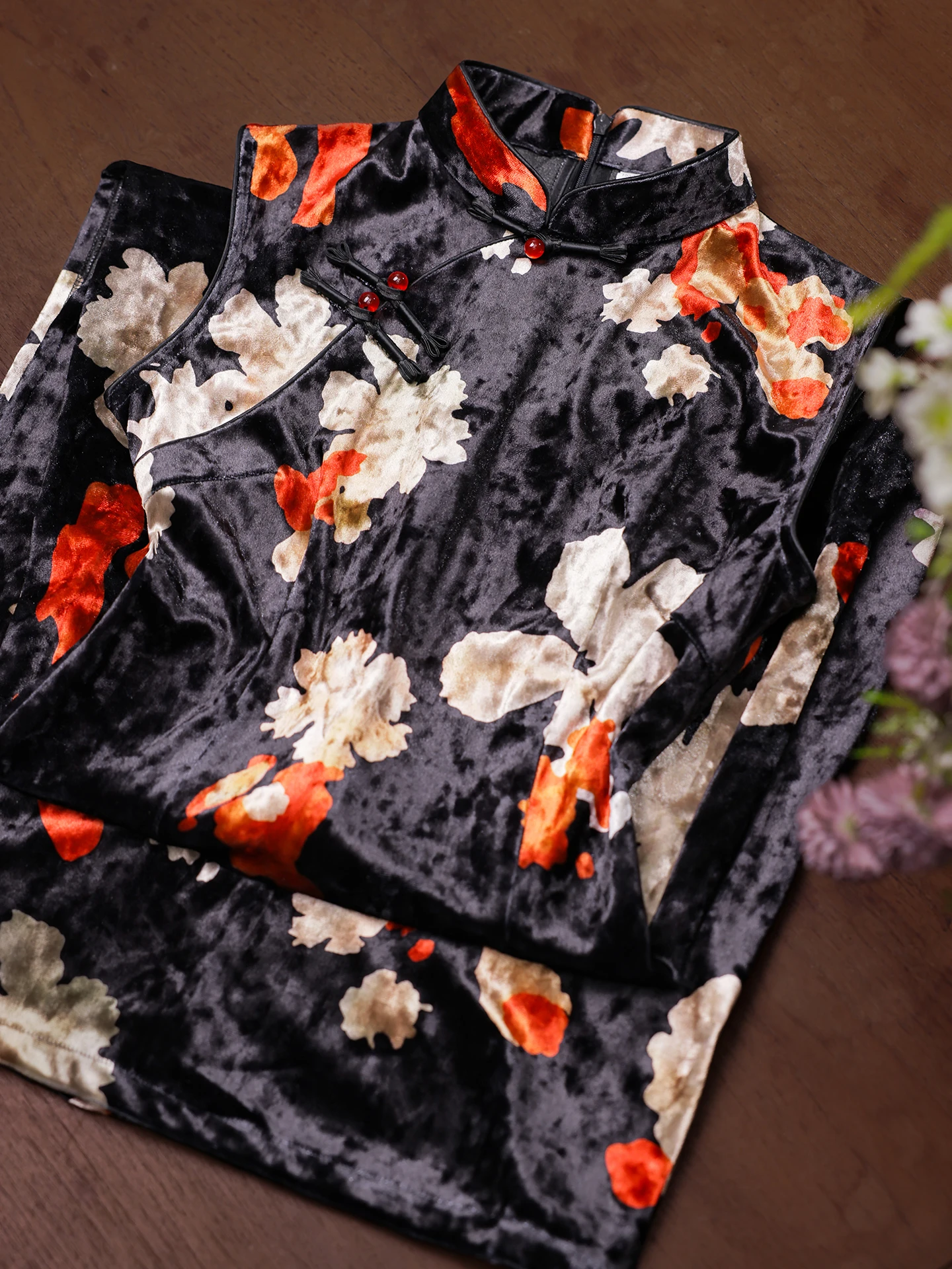 

Ele Slimming Velvet Qipao Dr Early Autumn Vintage anghai Sle Sophistied Daily Wear Long Sve Mid-Length Skirt