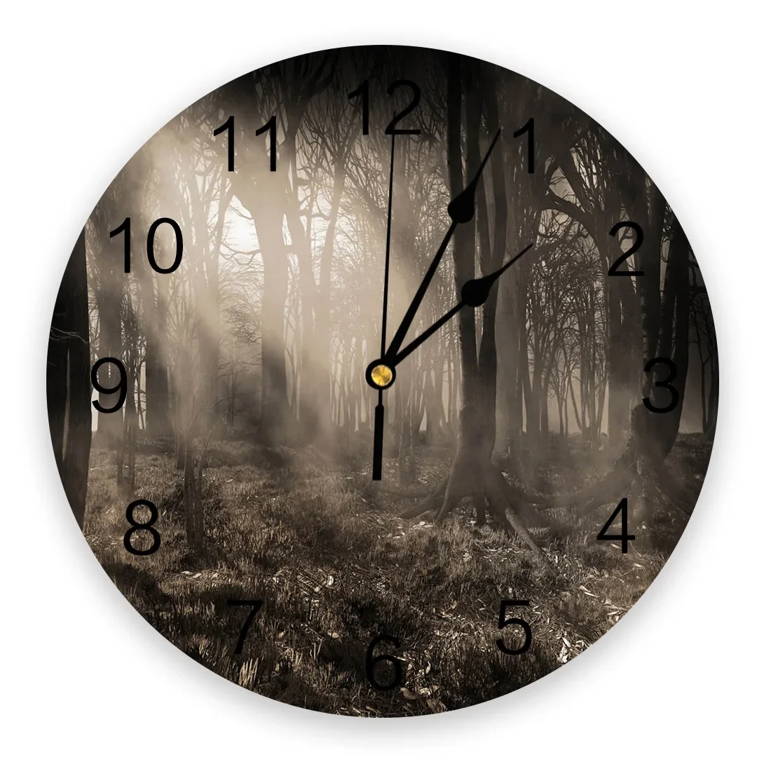 Light Dark Horror Foggy Forest Round Wall Clock Acrylic Hanging Silent Time Clock Home Interior Bedroom Living Room Office Decor