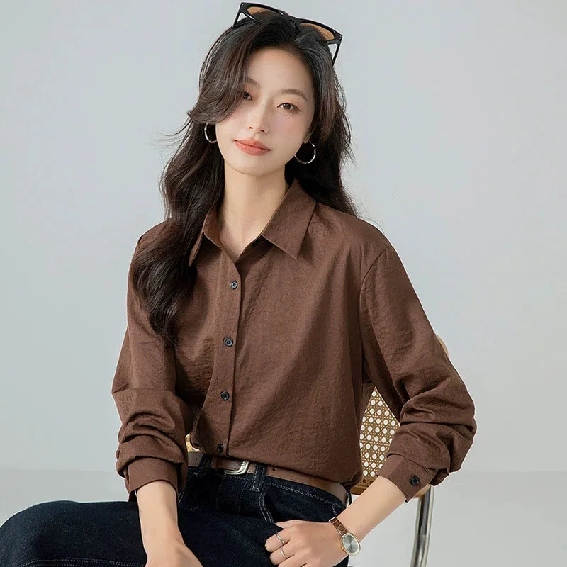 Otoño Vintage marrón gasa blusas mujeres Casual Color sólido camisa de manga larga mujer coreana suelta Simple Oficina camisas blancas