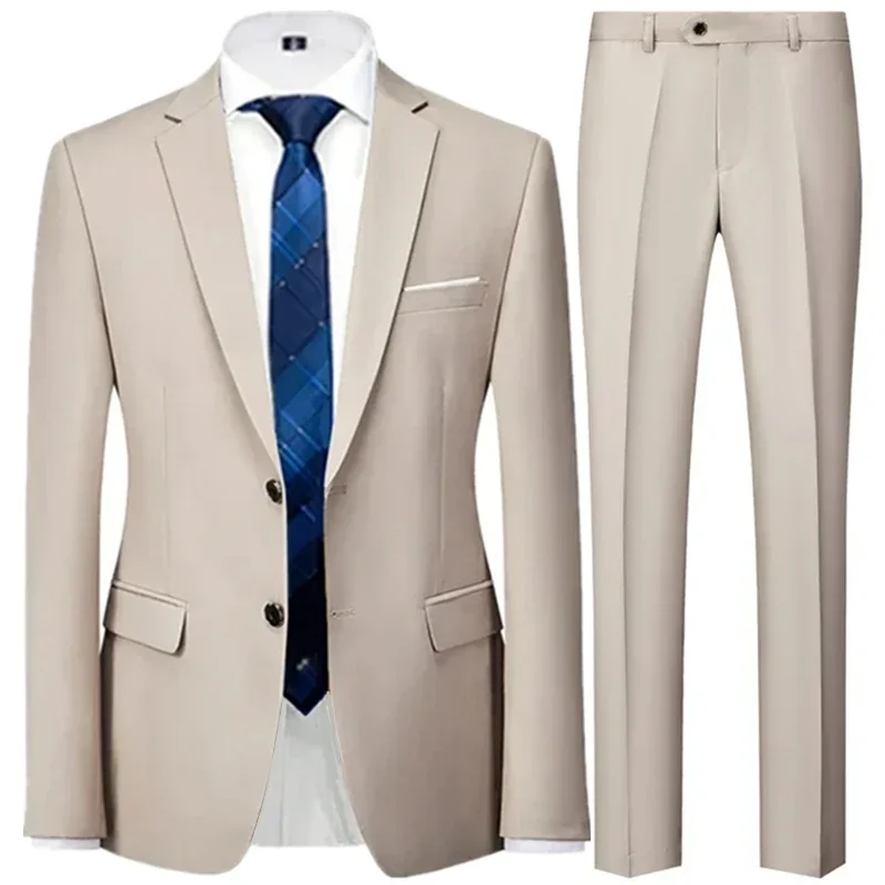 

Fashion Men's Casual Business Suit Coat Trousers 2 Pieces Set / Male Solid Color Wedding Two Button Blazers Jacket Dress Pants