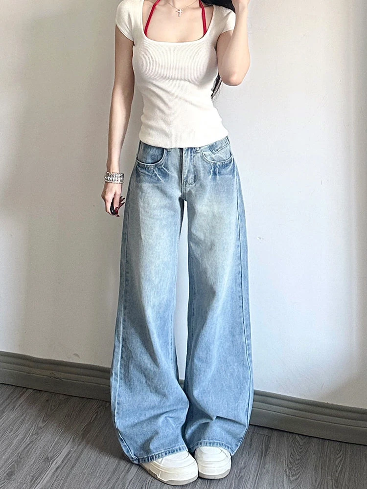 

Women's Fashionable High Waisted Wide Leg Thin Jeans Sweet Girl Simple Bottoms Vintage Baggy Trousers Female Denim Straight Pant