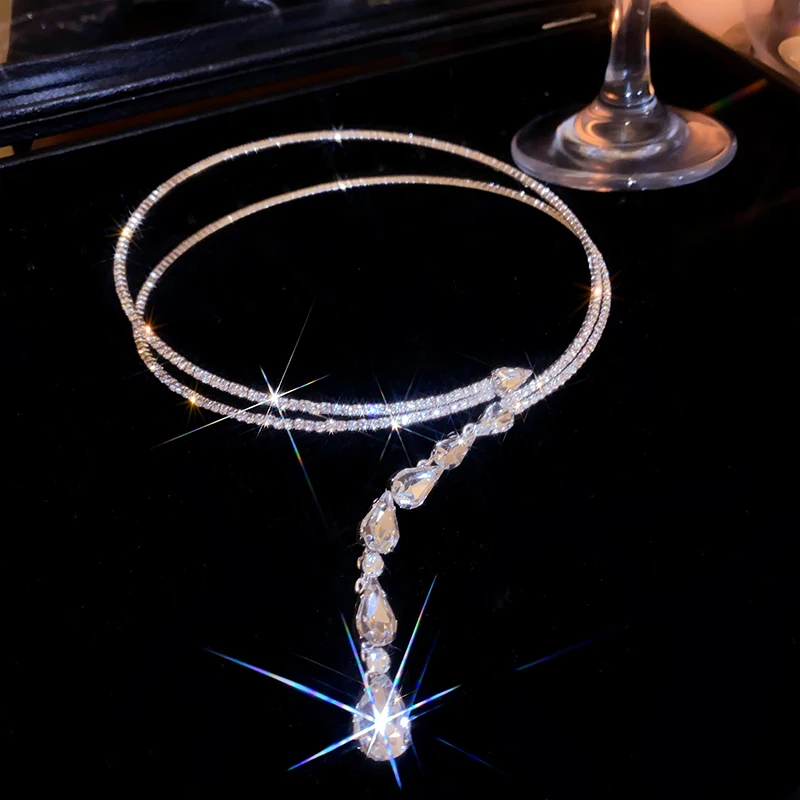 Shiny Rhinestone Collar Choker Necklace Party Wedding Big Water Drop Crystal Necklace Torques Women's Fashion Neck Jewelry K-