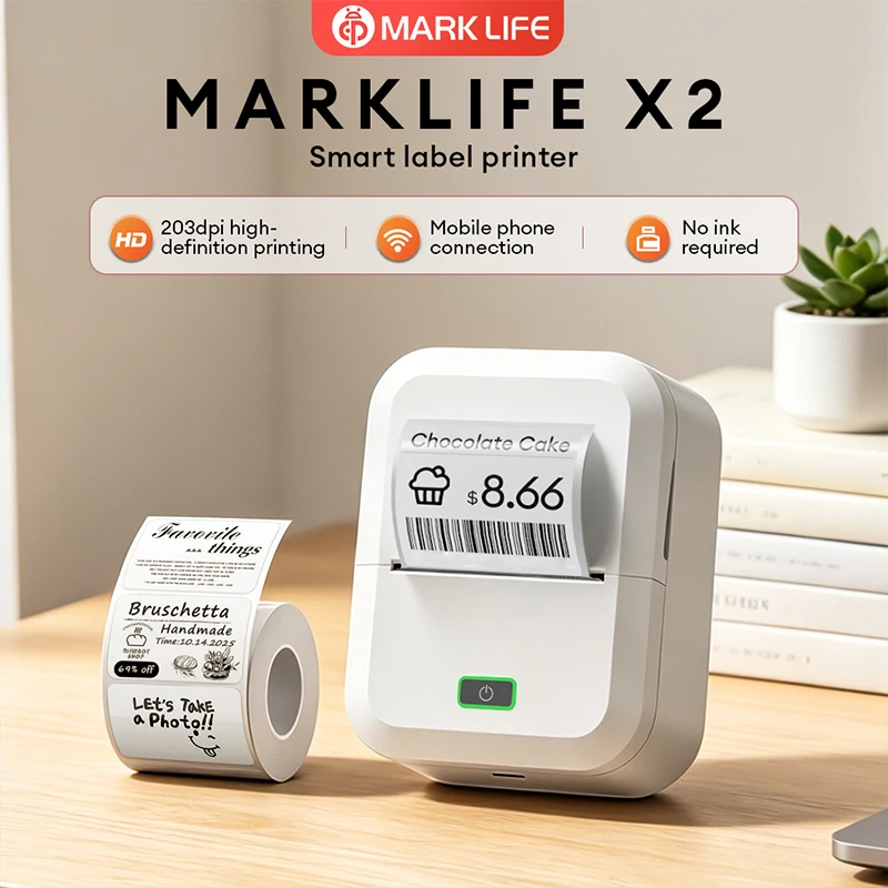 Marklife X2 Mini Portable Label Printer 2Inch Handheld Thermal Printer Mobile Bluetooth Wireless Adhesive Label Labeling Machine
