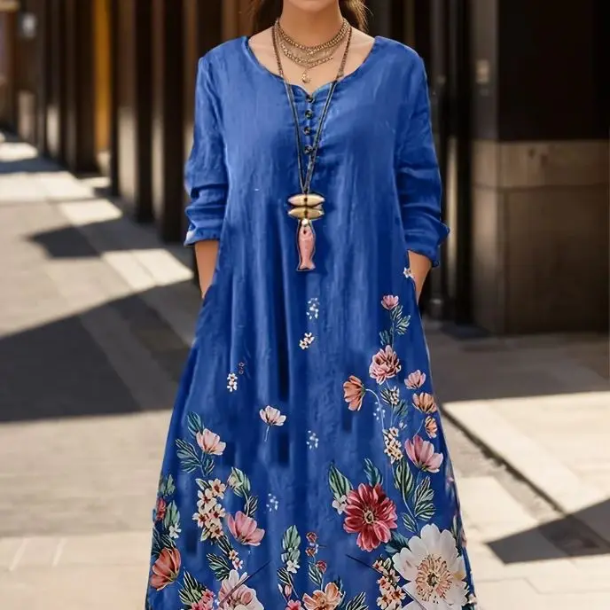 2024 neues Modetrend bedrucktes Langarm kleid mit unregelmäßigem Saum für Frauen
