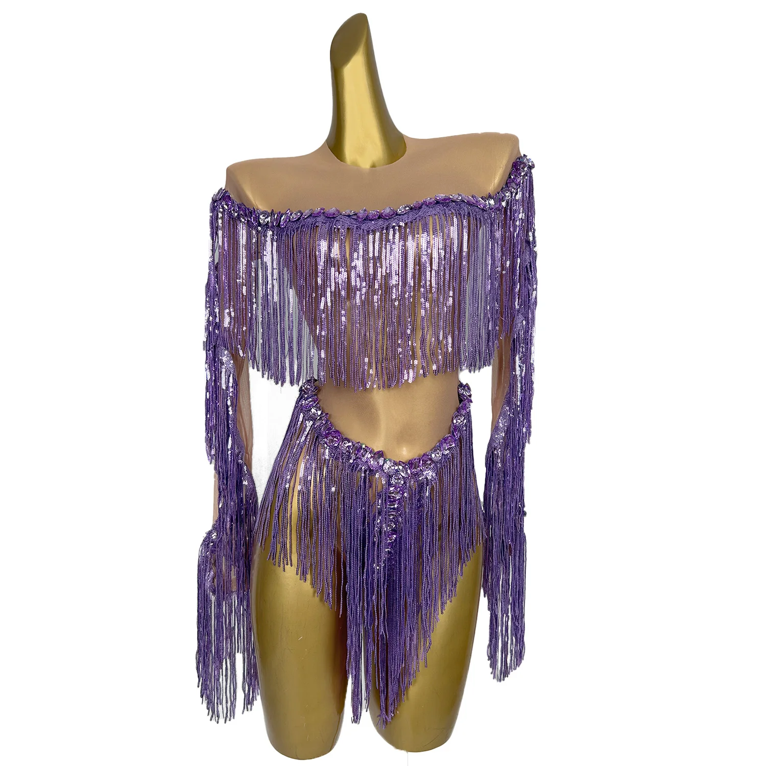 Purple Shining Tassel Bodysuits Women Sexy Long Sleeves Nightclub Prom Clothing Diamonds Bar Stage Costumes Rave Wears Weixiao