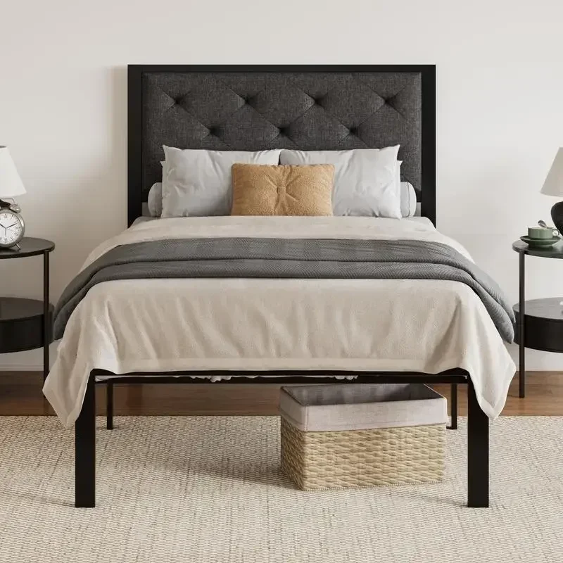 

SHA CERLIN Metal Platform Bed Frame, Fabric Upholstered/ Faux Leather Button Tufted Headboard, Steel Slat Support