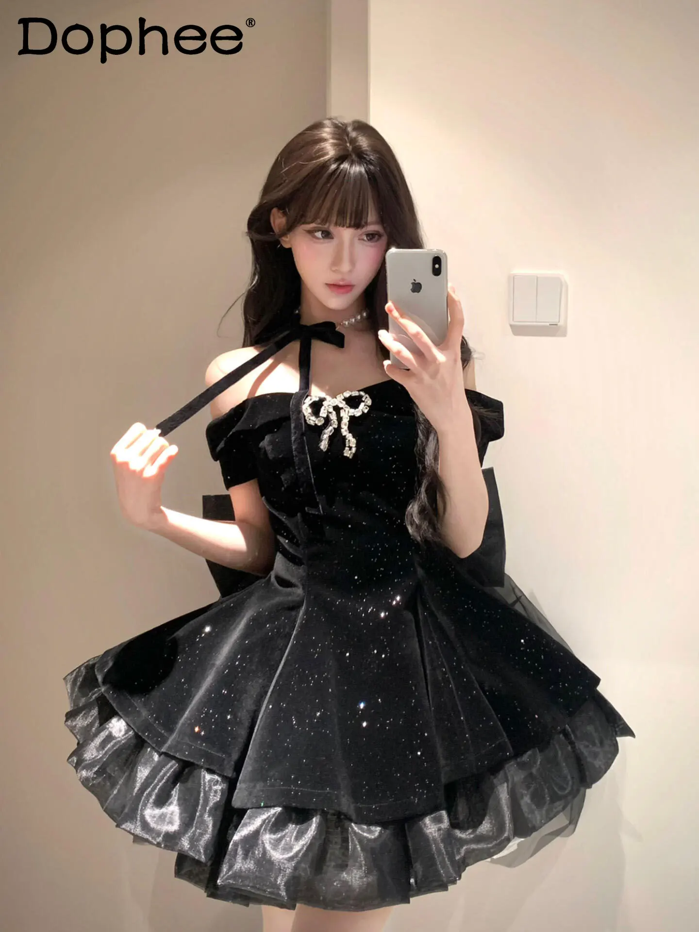 

French Sweet Cool Spicy Girl Princess Style Off-Shoulder Dress Summer High-End Velvet Waist-Cinching Birthday Dress Puffy Dress
