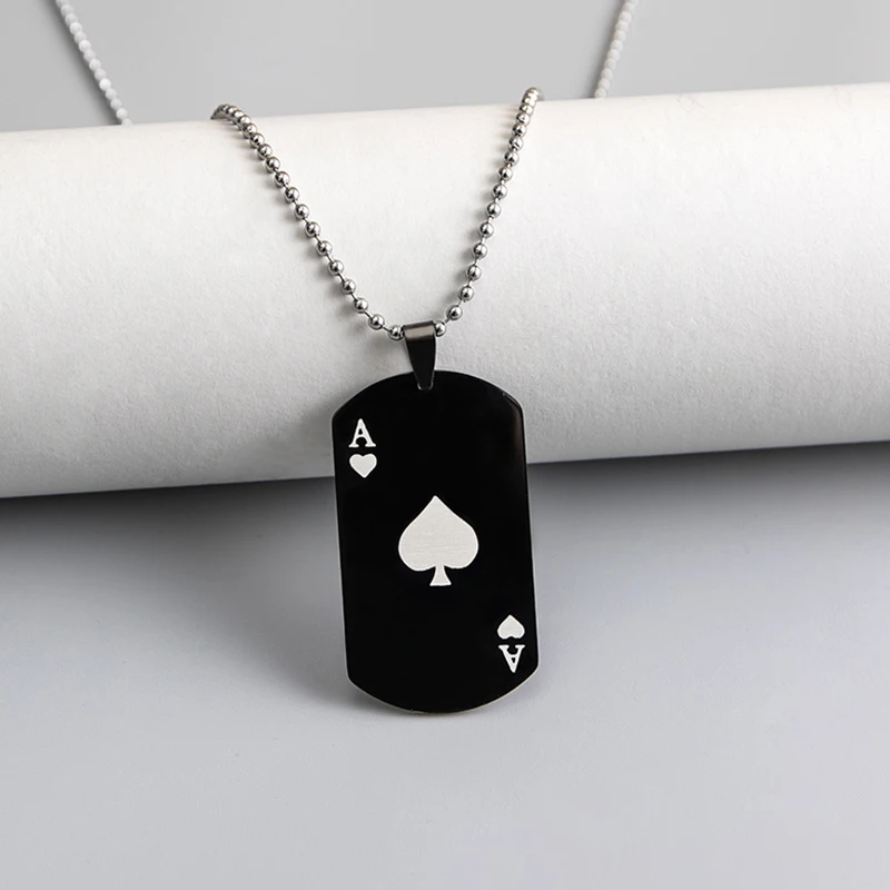 الهيب هوب بوكر البستوني J قلادة قلادة الفولاذ المقاوم للصدأ أسود فضي اللون بطاقات اللعب القلائد للرجال #3