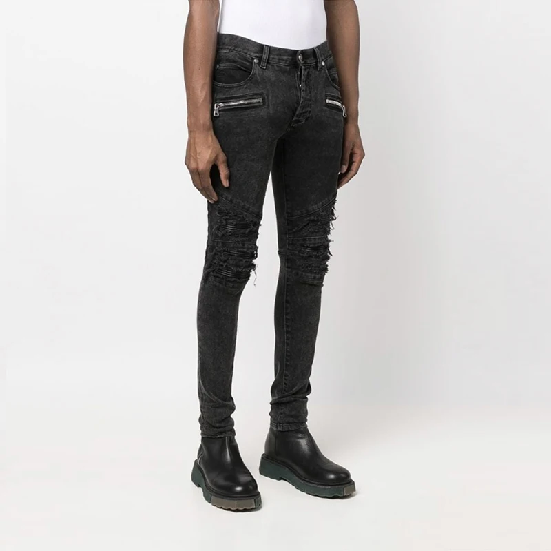 

Модные мужские джинсы с рваными кожаными вставками, облегающие, эластичные, универсальные, повседневные, длинные брюки со средней посадкой, с декоративной молнией