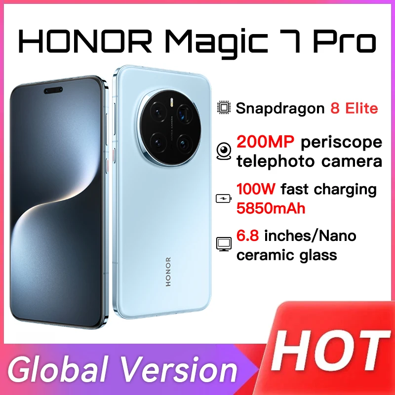 الإصدار العالمي HONOR Magic7 Pro الهاتف المحمول Snapdragon 8 Elite 6.8 بوصة 120 هرتز شاشة OLED 5850 مللي أمبير 100 وات شحن سريع 80 وات لاسلكي