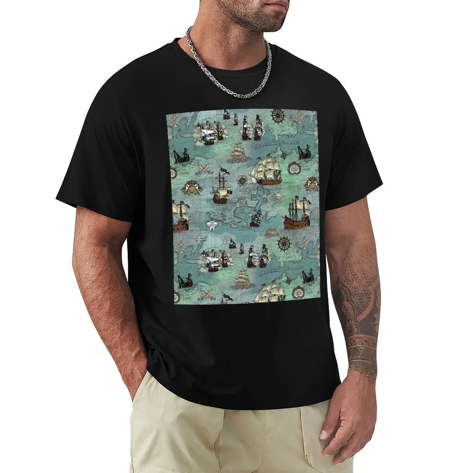 

Pirate Map Nautical Sea Print Ocean Blue & Sea Glass Green T-Shirt Anime t-shirt boys animal print anime shirts men