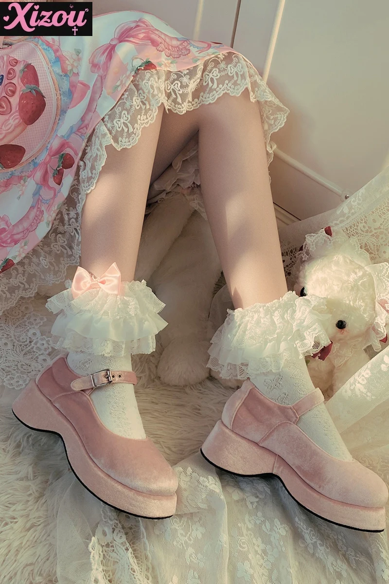 Japanese Sweet Cute Pink Lolita Lace Bow Cotton Bunching Socks Beautiful Fairy Women Girls Lace Socks for Spring and Autumn