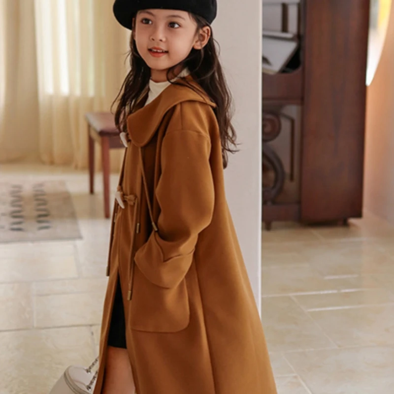 Girls Woolen Coat Overcoat Jacket Windbreak 2024 Brown Warm Plus Thicken Autumn Winter Cotton School Children's Clothing