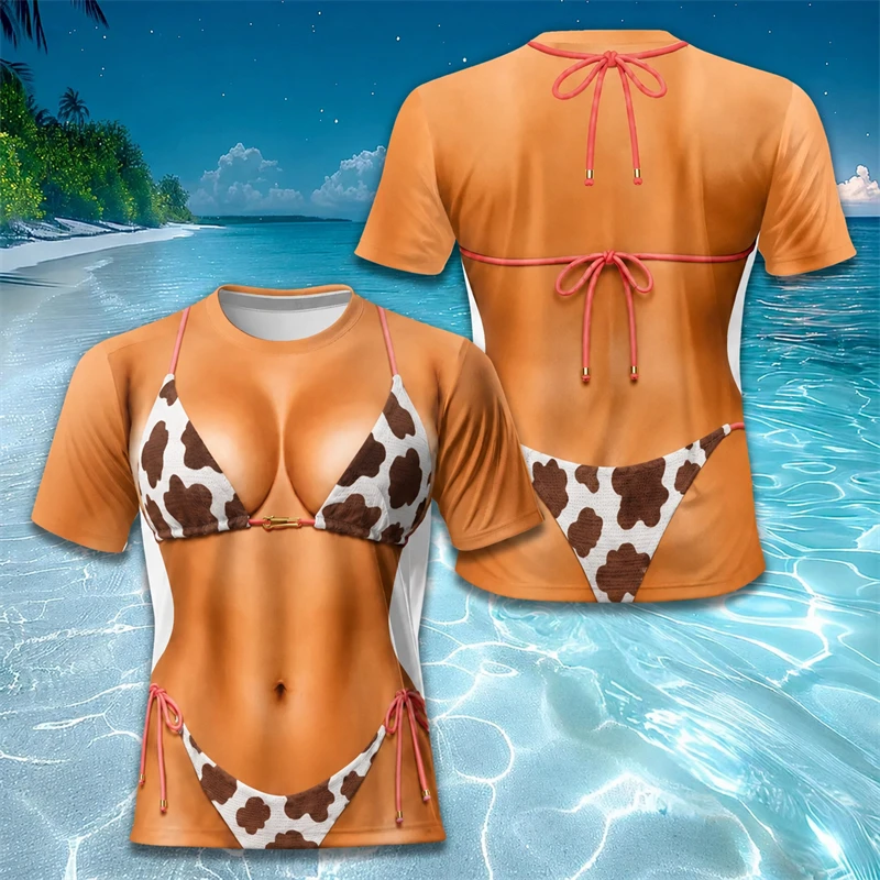 Women 3D Fake Bikini Print Short Sleeve T‑Shirt Leopard Animal Skin Graphic Tee Casual Tops Summer Beach Holiday Party Outfit