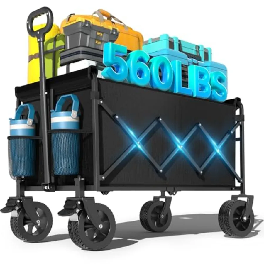 

Foldable Beach Wagon with Brakes All-Terrain Wheels 560LBS Capacity Black Collapsible Wagon for Outdoor Camping Sports Garden T