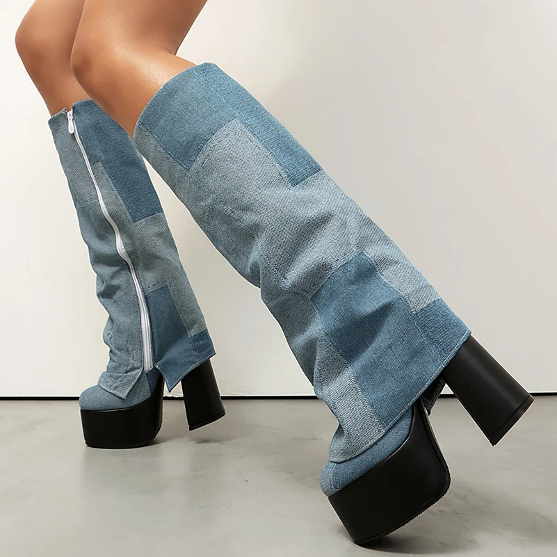 Plus Size Flanged Color Blocked Denim Side Zipper Street Trend Knee High Boots Platform Ultra Thick Heel Height Increasing Boots