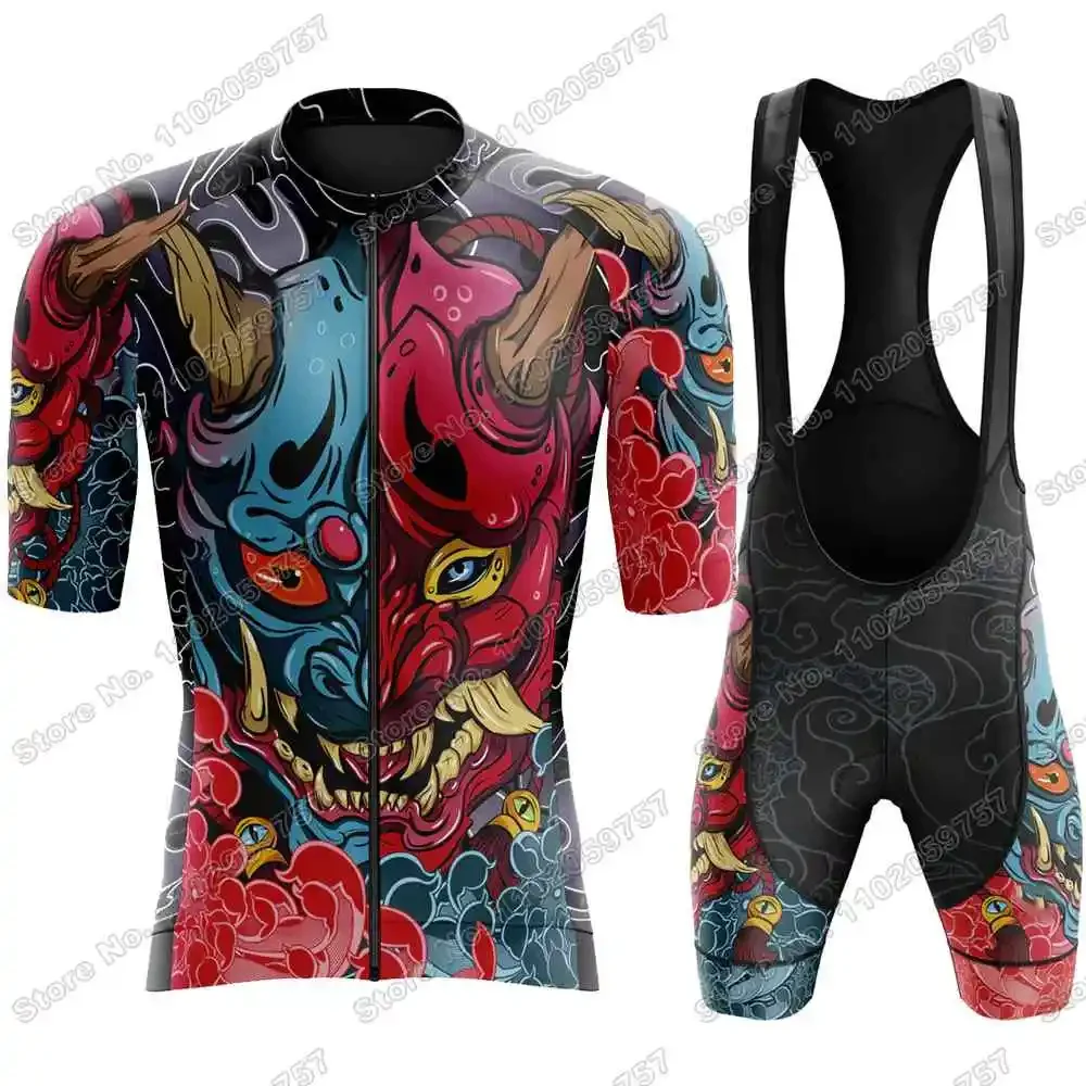 HANNYA MASK Cycling Jersey Set Retro Ghost Monster Cycling Clothing Kits Men Road Bike Shirt Suit Bicycle Bib Shorts MTB Maillot