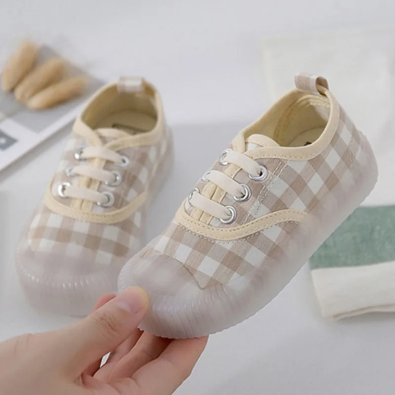 2023 New Children\'s Shoes Checkered Canvas Shoes Slip on Casual Shoes Soft Sole Anti Slip Girls Sneakers Kids Boys Cloth Shoes