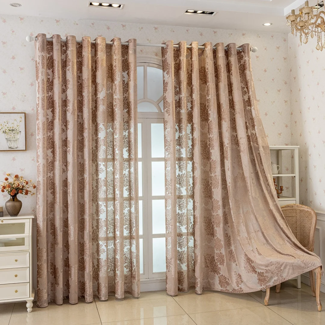 Leaves modern simple window screen curtain Jacquard hollow transparent finished product perforated lock ring curtain yarn