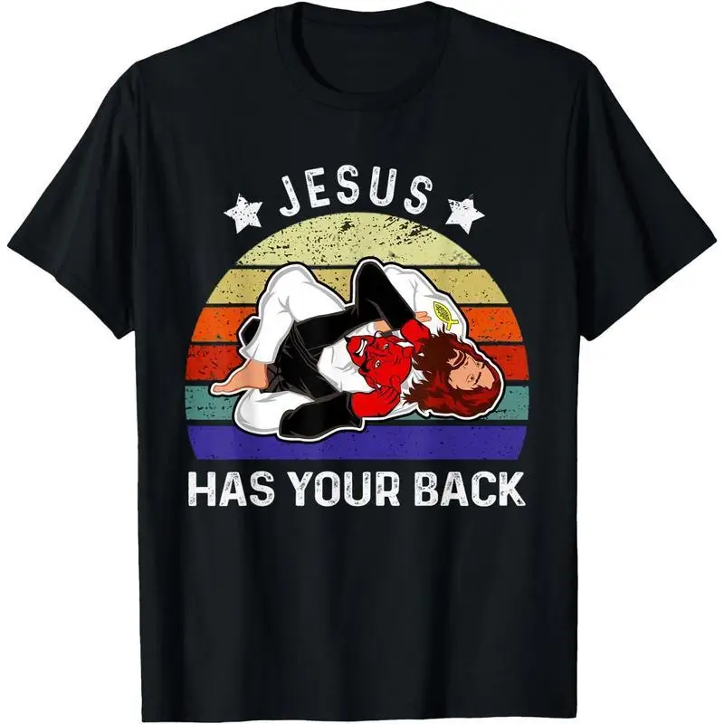 

Jesus Has Your Back BJJ T-Shirt Men Christian Faith Martial Arts Grappling Humor Tee Religious Sports Fan Gift Retro Sunset