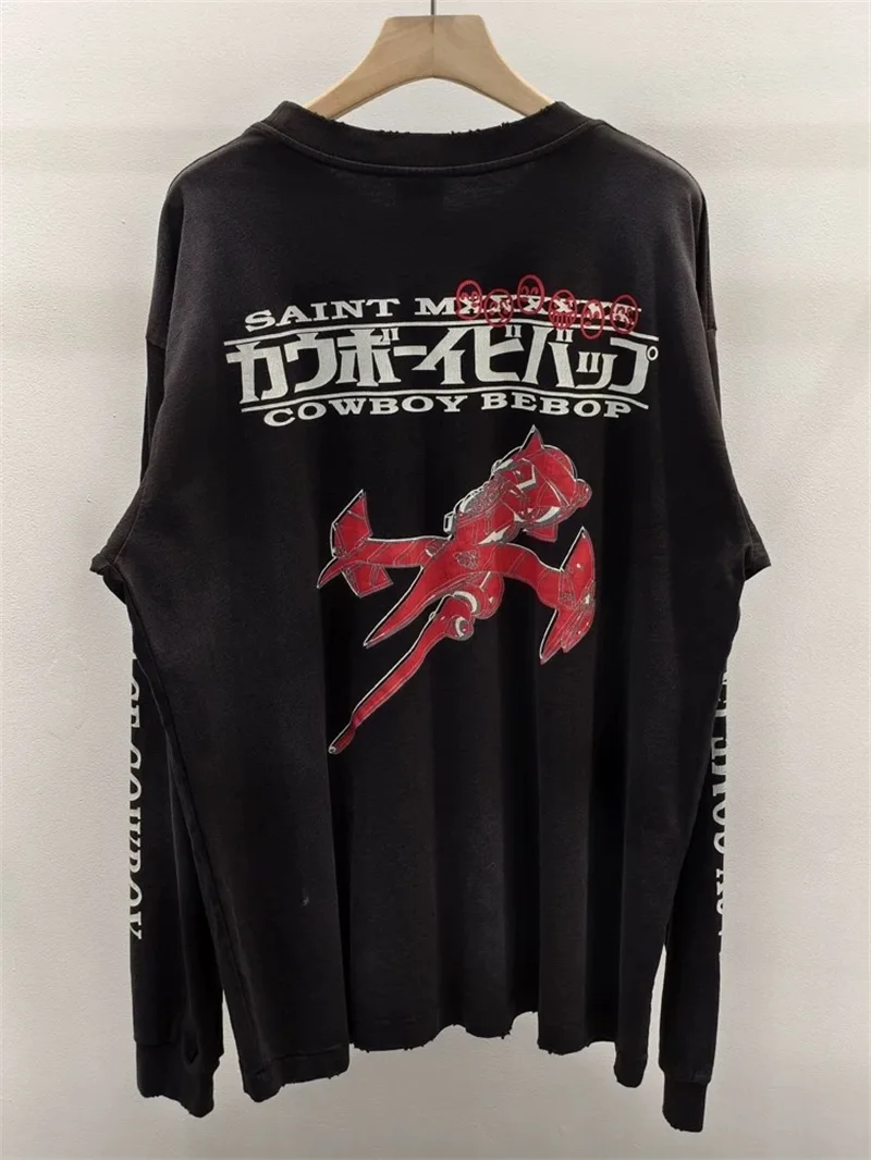 أنيمي الطباعة سانت مايكل بأكمام طويلة تي شيرت الرجال النساء المتضخم غسلها هوديس أسود