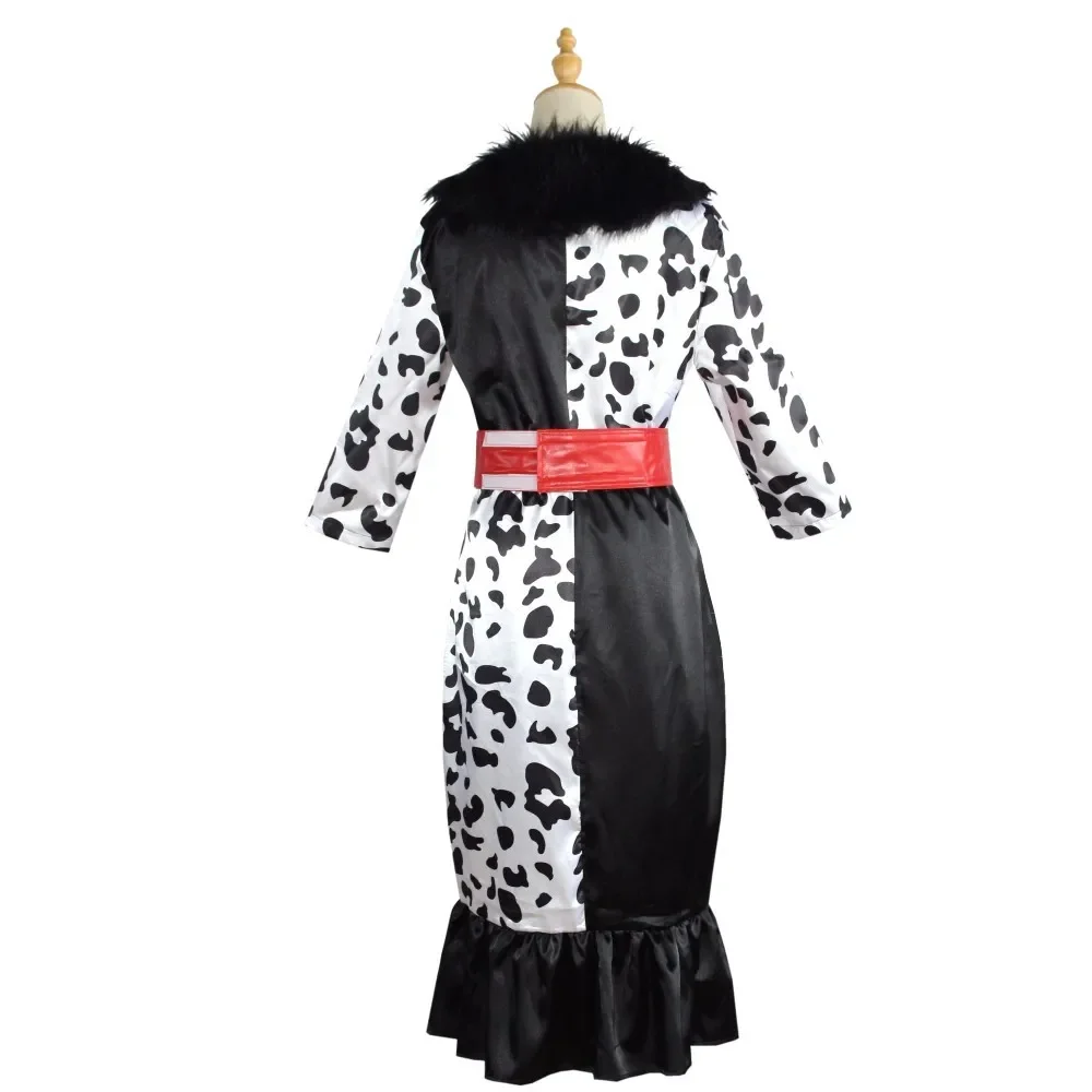 Meisjes Vrouwen Cruella Cosplay Volwassen Cruella De Vil Jurk Masker Ketting Dalmatische Kostuum Deville Jurk disfraz De Halloween