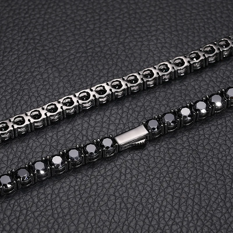 S925 Silver Black Mosang Stone Tennis Chain Multi width Single Row   Fashion Brand Men's Hip Hop Necklace